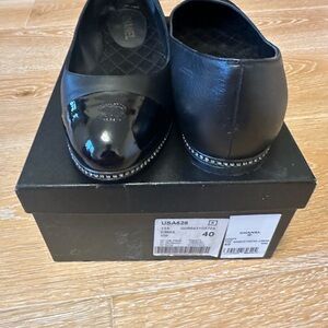 Chanel Black Leather with Patent Leather Toe Ballet Flats with Shiny Stones S 40